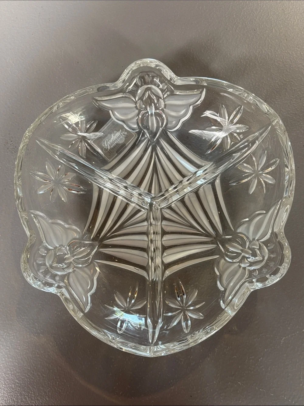 Gorham Angels of Peace Crystal 3-Part Divided Relish Dish Germany 8”